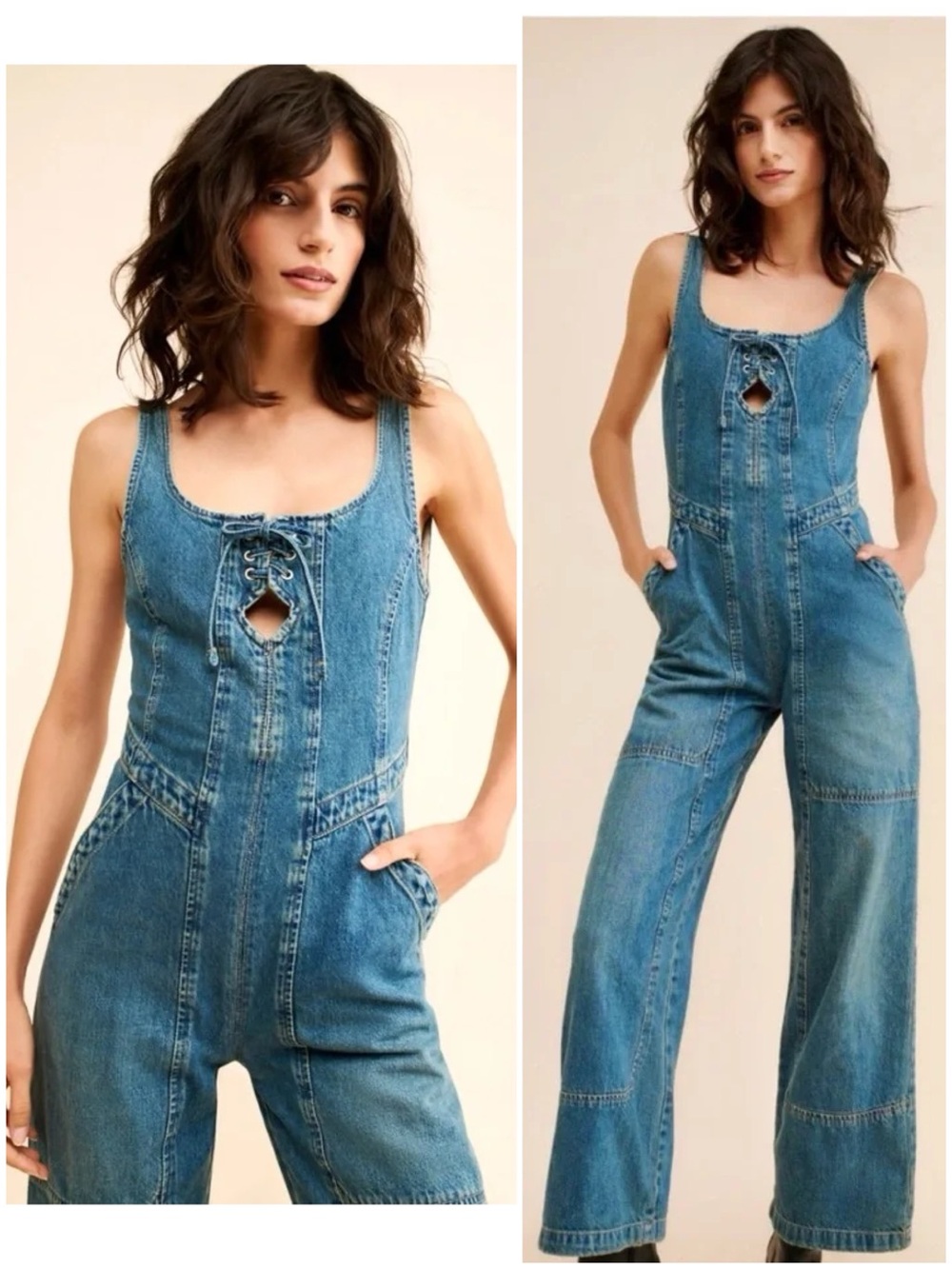 Free People x We The Free Amina Denim Wide Leg & Lace-Up Jumpsuit